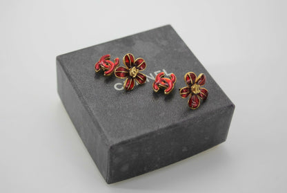 Chanel Vintage 03P Enamel Gold and Red Floral Stacked Stud Earrings