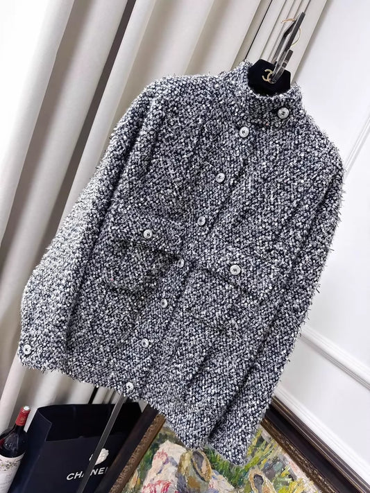 Chanel 21B blue-grey mixed-colour tweed coat