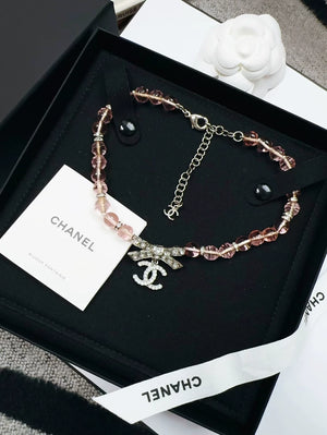 Chanel 23S full diamond bow double C pendant pink glass choker necklace