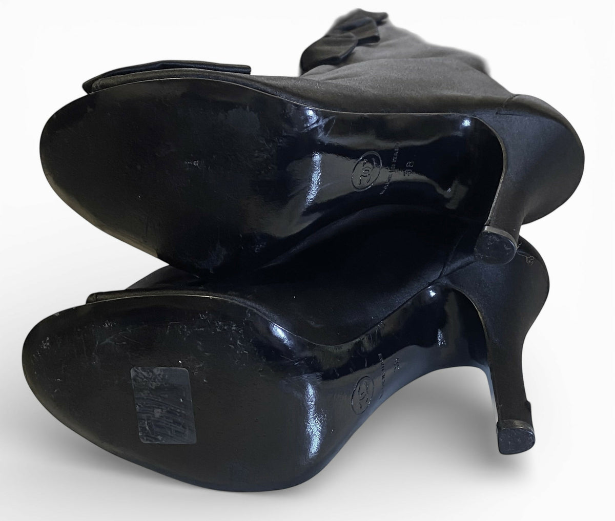 Chanel 09P Black Satin CC Bow Mid Calf Peep Toe Booties Ankle Boot Heels