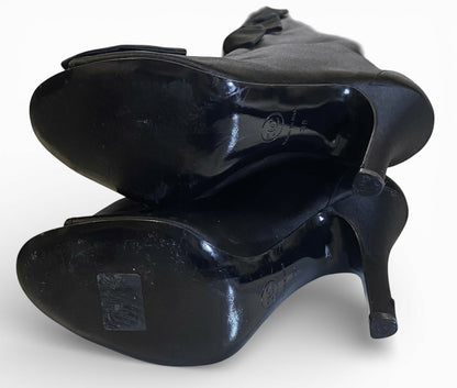 Chanel 09P Black Satin CC Bow Mid Calf Peep Toe Booties Ankle Boot Heels