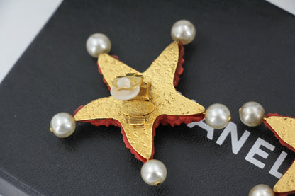 Chanel 93C Red Lava Imitation Pearls Gold Plated CC Starfish Earrings
