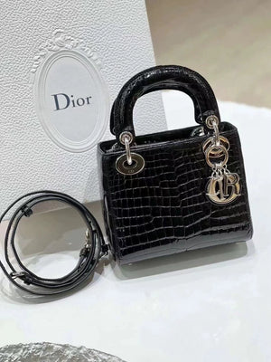 Dior small Lady Dior black patent alligator leather silver