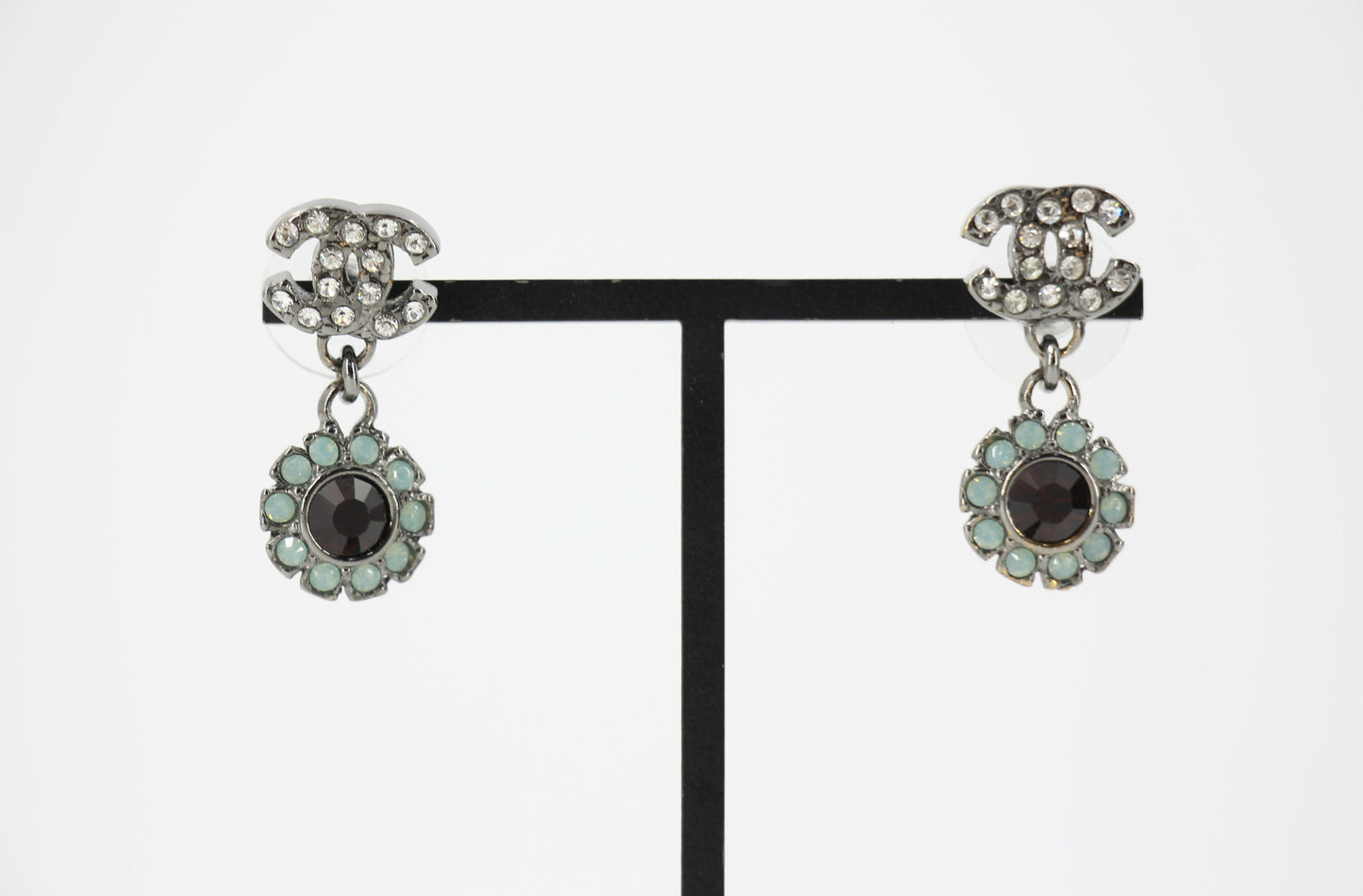 Chanel Vintage 05A Rhinestone Lake Green and Red Round Pendant Stud Earrings