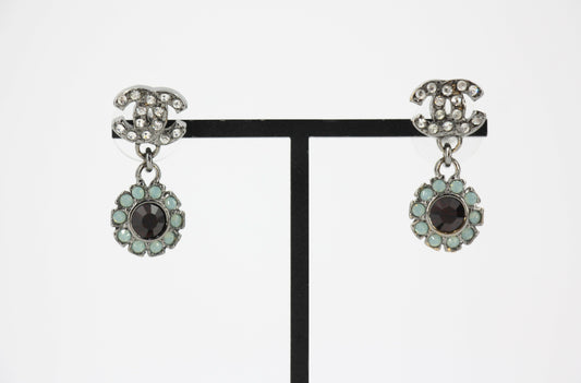 Chanel Vintage 05A Rhinestone Lake Green and Red Round Pendant Stud Earrings