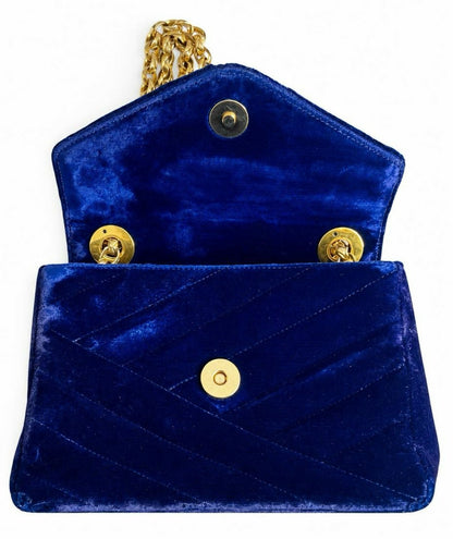 Chanel 1991-1994 Navy Blue Velvet Crystal 24K Bijoux Mini Square Chevron Classic Flap Bag
