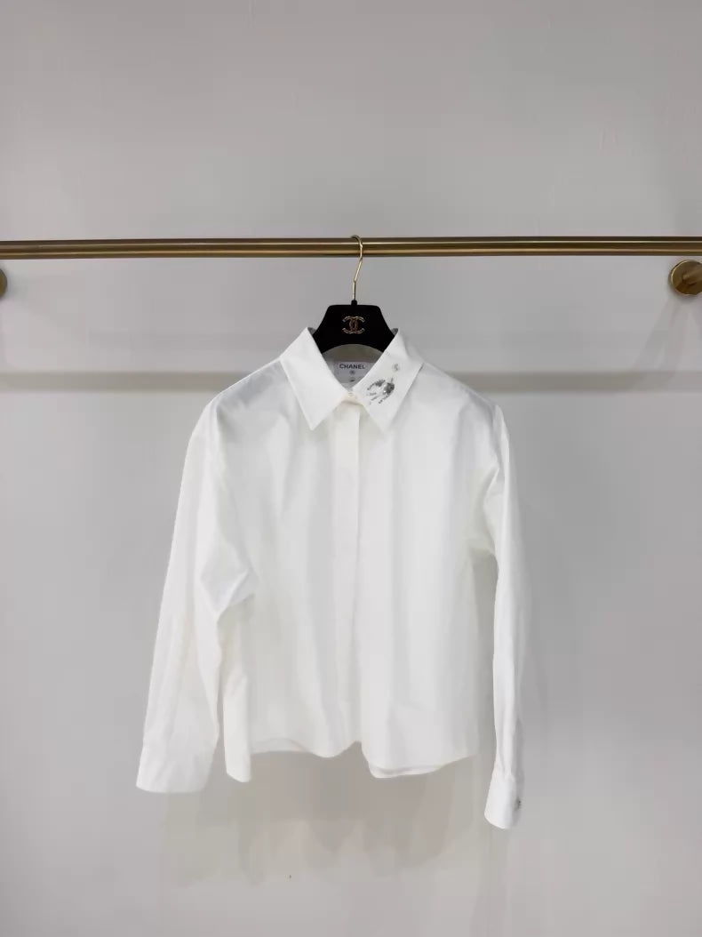 Chanel 25S sequined bird double C white poplin long-sleeved shirt