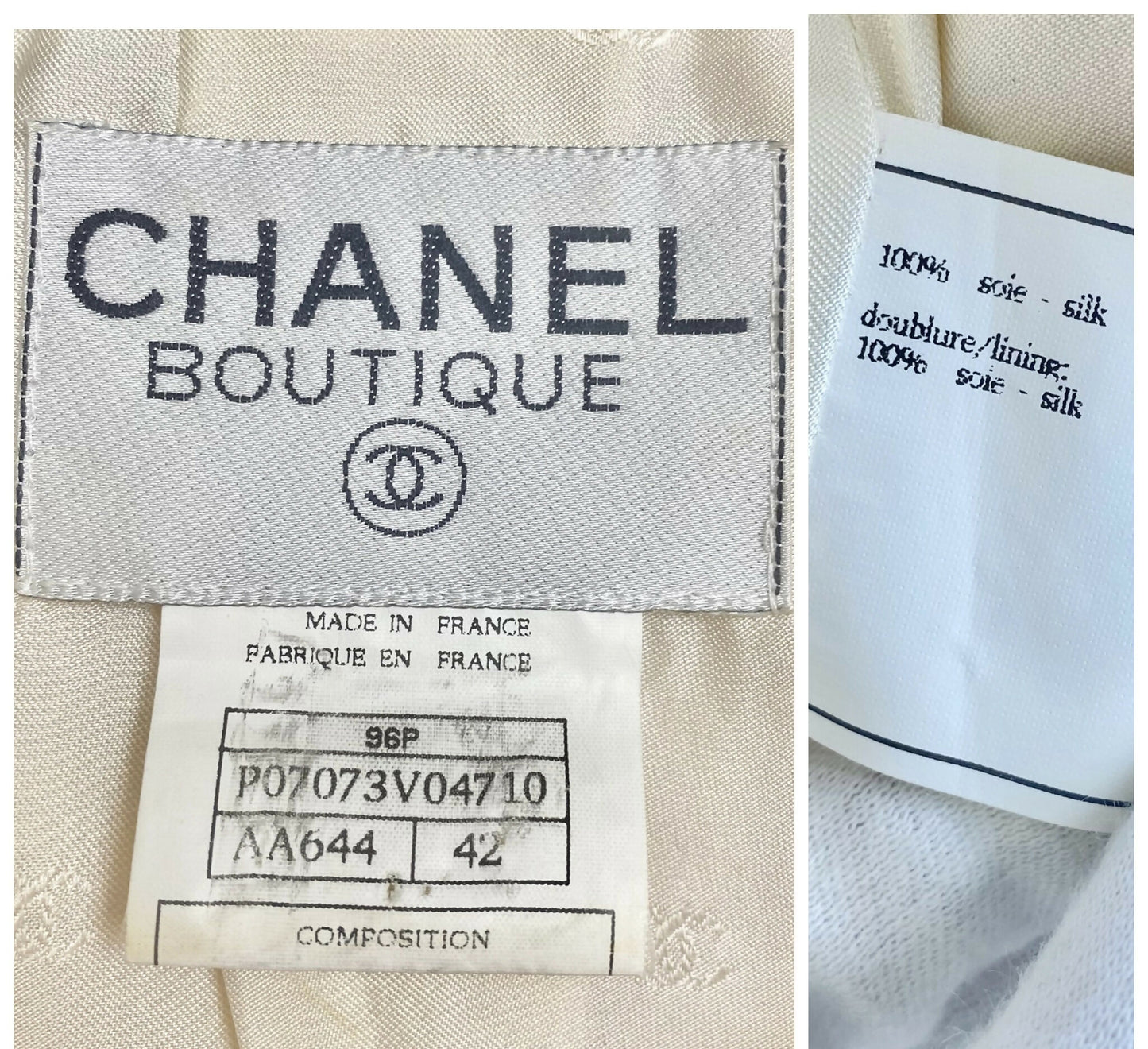 Vintage Chanel 96P Barbie Ivory Shantung Silk Sequin Beaded Pallets Jacket FR 42