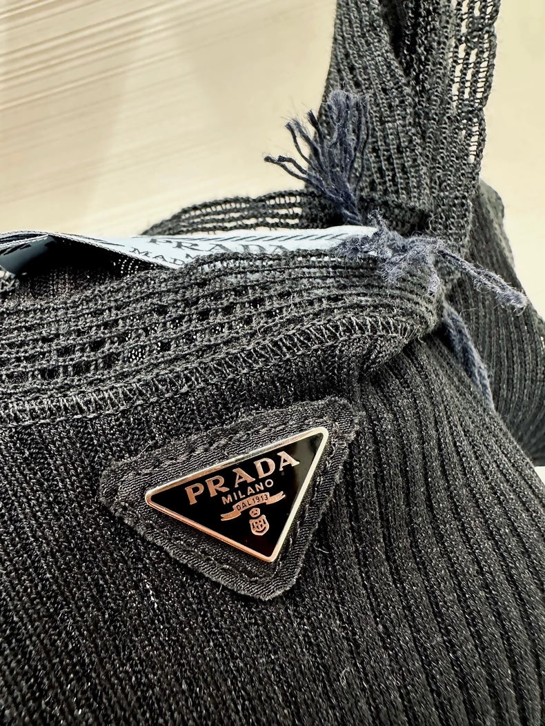 Prada 26SS Summer Collection Black Stretch Ribbed Lace top