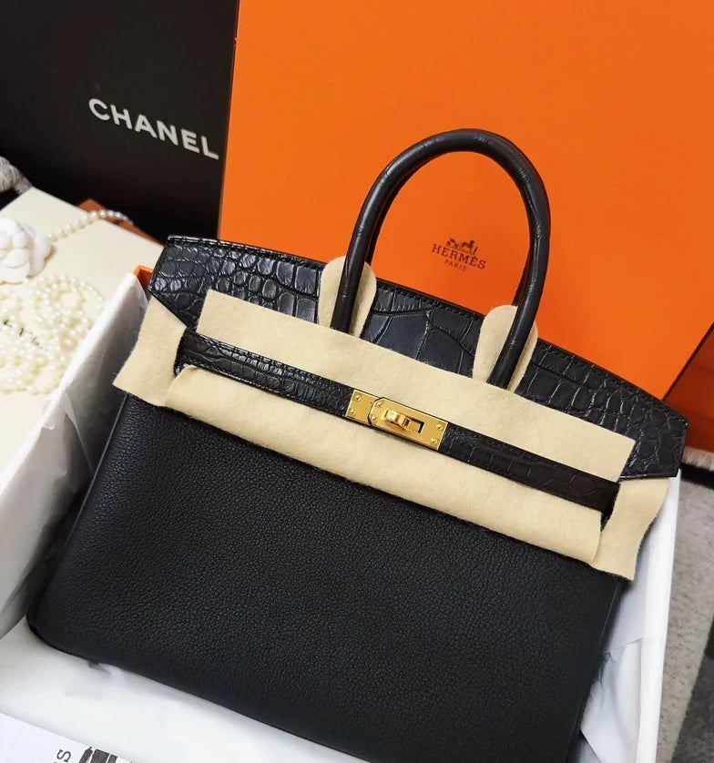 Hermes Birkin 25 touch black togo and matte crocodile leather with gold hardware