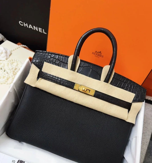 Hermes Birkin 25 touch black togo and matte crocodile leather with gold hardware