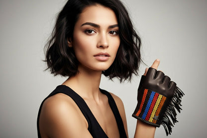 Rare Chanel 14A Paris Dallas Dark Brown Multicolor Gloves Size 8