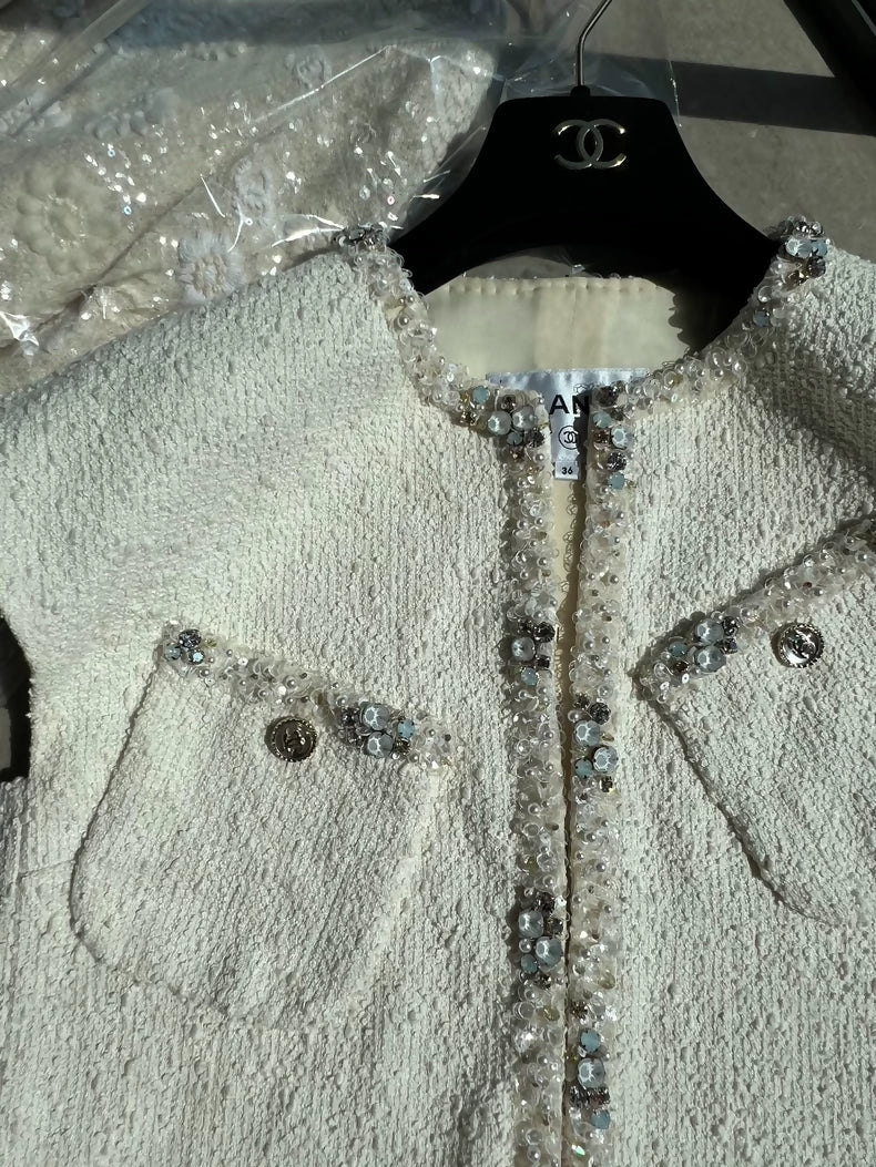 Chanel ecru tweed cardigan vest