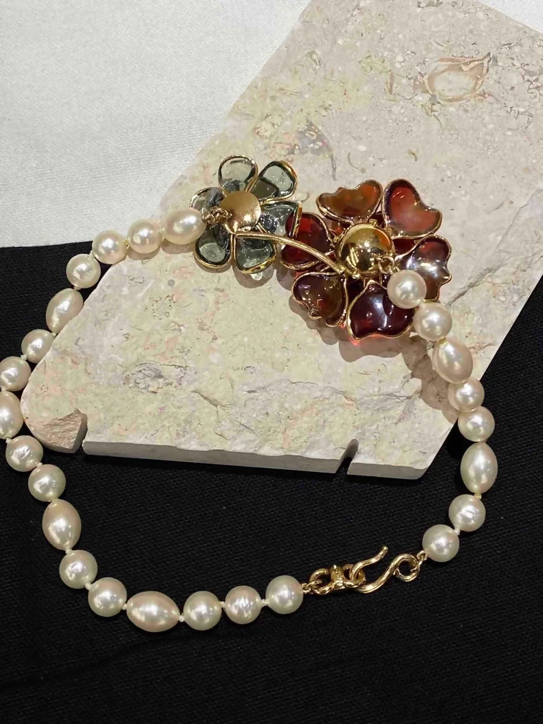Chanel 2005 Glass Flower Pearl Necklace