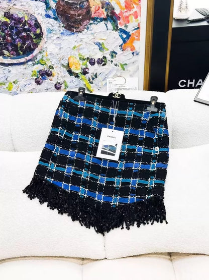 Chanel 22C black and blue tweed shirt top and skirt set