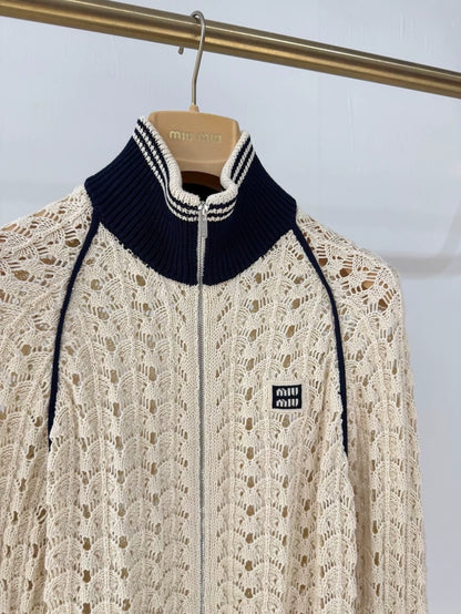 Miu Miu 2026 new color-blocked crochet letter cutout jacket