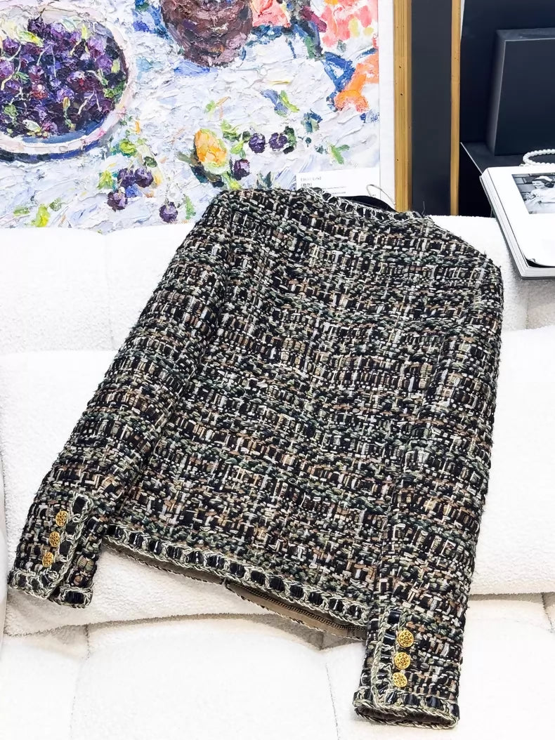 Chanel 16A multicolour tweed leather jacket with chain trim