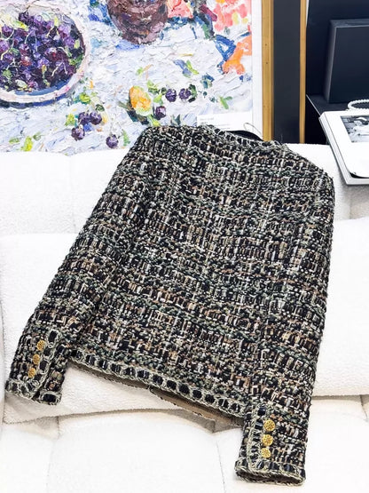 Chanel 16A multicolour tweed leather jacket with chain trim