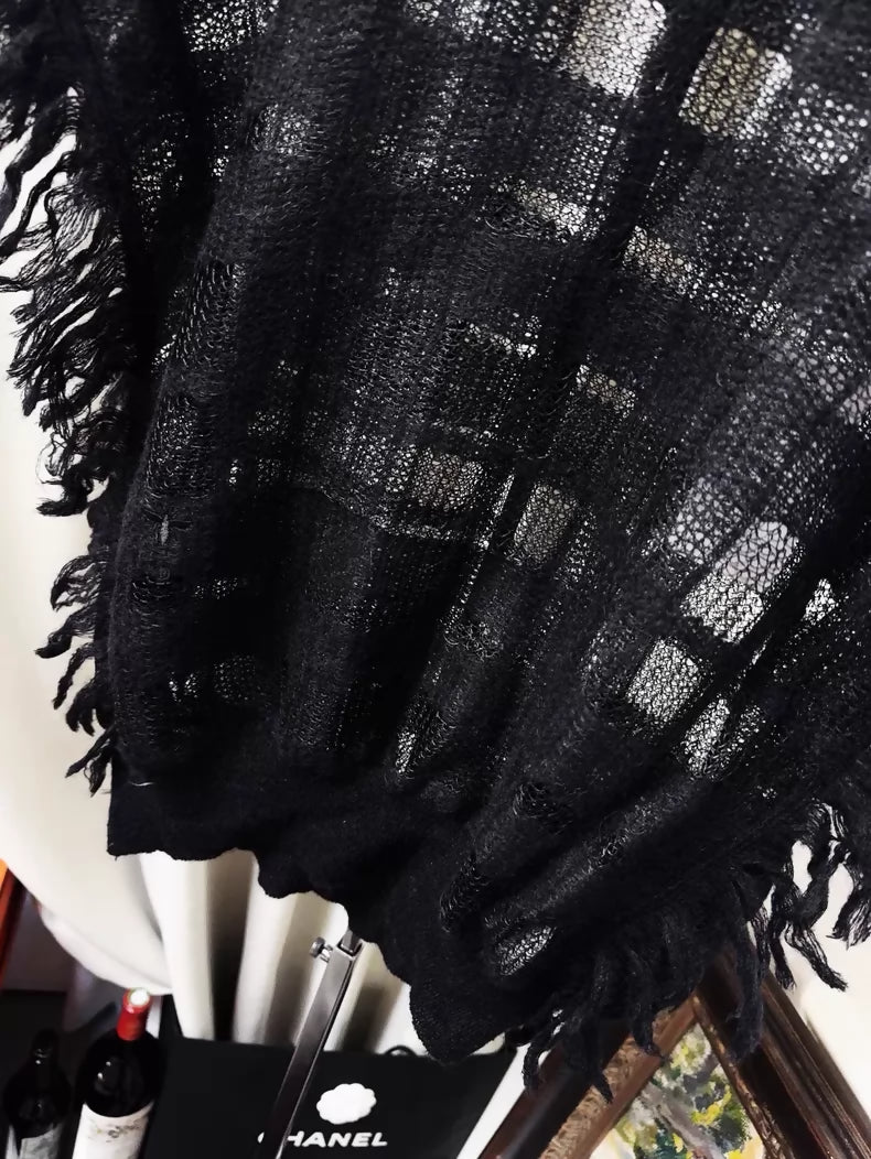 Dior black fringed plaid cape top