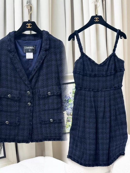 Chanel 07P Navy Blue tweed Dress and Jacket Set