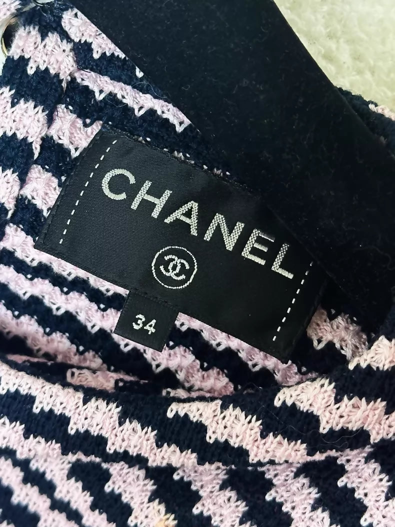 Chanel 21S pink and black striped leather-trimmed dress with chain
