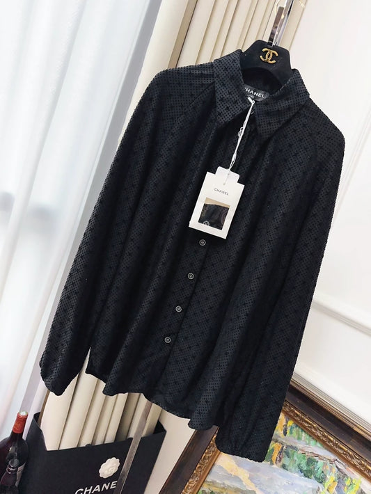 Chanel 24b black velvet polka dot shirt with subtle logo print and shimmer