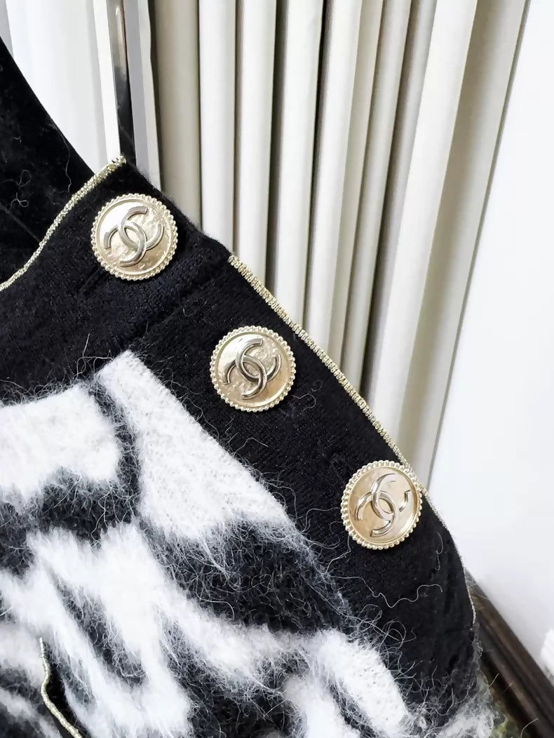 Chanel 20A Black and White Camellia Mohair Sweater with Gold Buttons