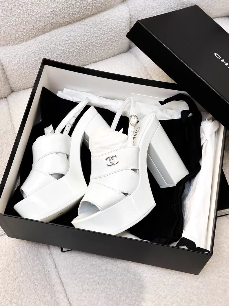 Chanel 23A white patent leather platform pumps
