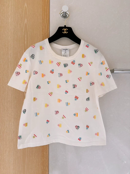 Chanel 19S Embroidered Double C Colorful Tweed Lounge Chair Beach Umbrella Heavy Decoration Knitted Short-Sleeve