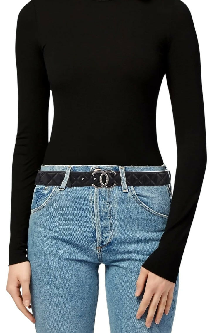 Chanel 14A Black Quilted Lambskin Silver CC Logo Belt 80/32