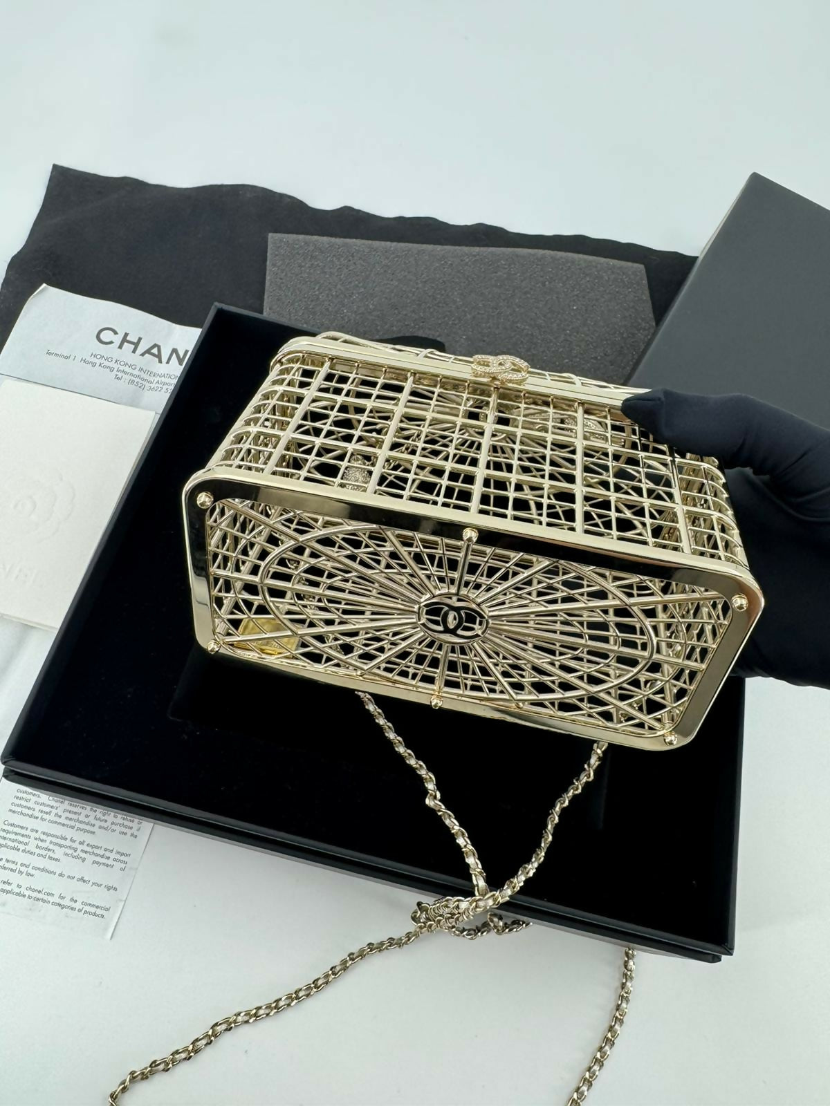 Chanel 2025 Rhinestone and Metal Embellishments Light Gold Birdcage Minaudière Bag