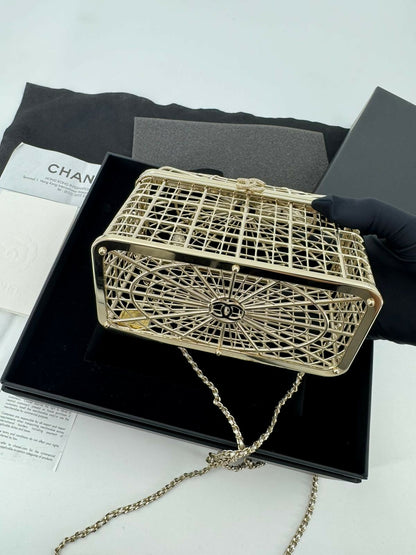 Chanel 2025 Rhinestone and Metal Embellishments Light Gold Birdcage Minaudière Bag