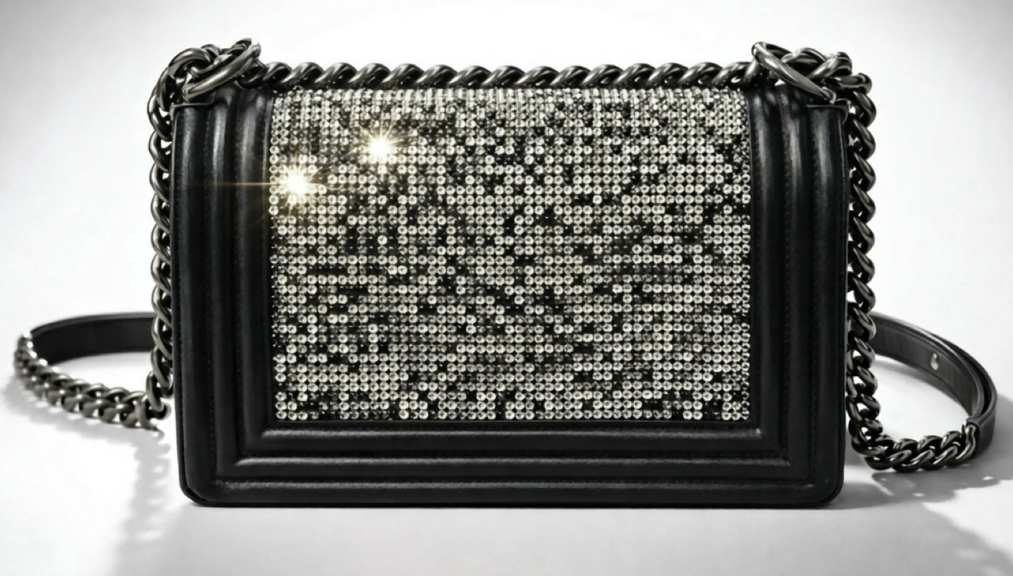Chanel 14P Swarovski Crystals Small Black Leather Boy Bag