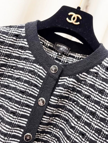 Chanel 25P Black and white striped knit cardigan