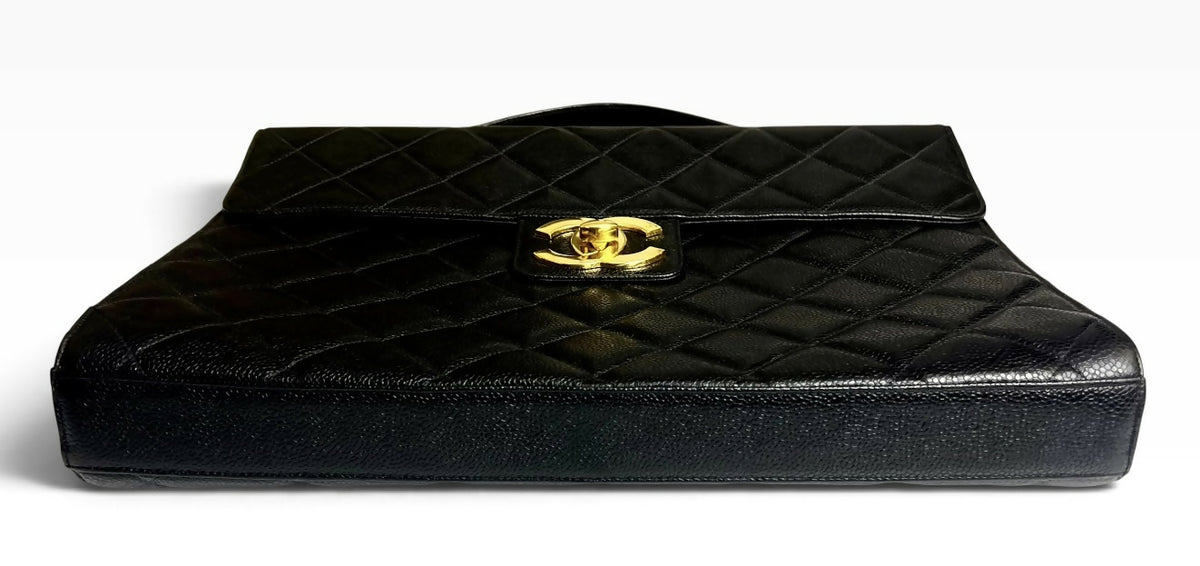 Chanel XL Jumbo Black Caviar Quilted Classic Briefcase Bag 24K Gold hardware