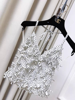 Chanel White Camisole with All-over Black Logo Print and 3D Floral Design