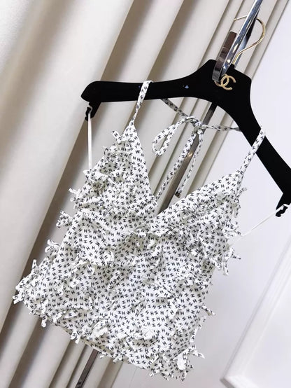 Chanel White Camisole with All-over Black Logo Print and 3D Floral Design