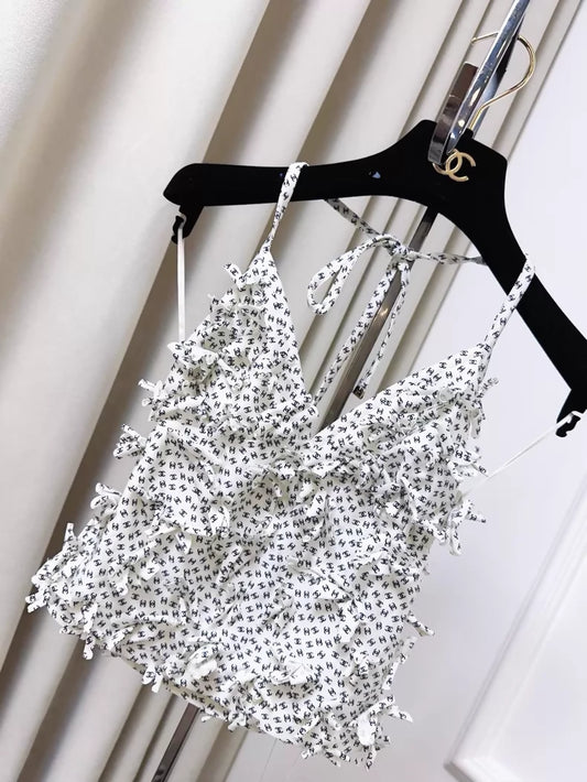 Chanel White Camisole with All-over Black Logo Print and 3D Floral Design