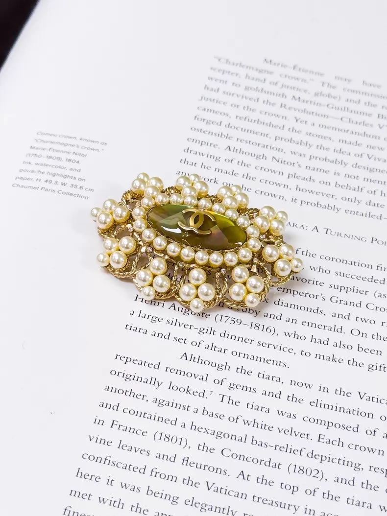 Chanel 16K Gold Pearl Iridescent Double C Brooch