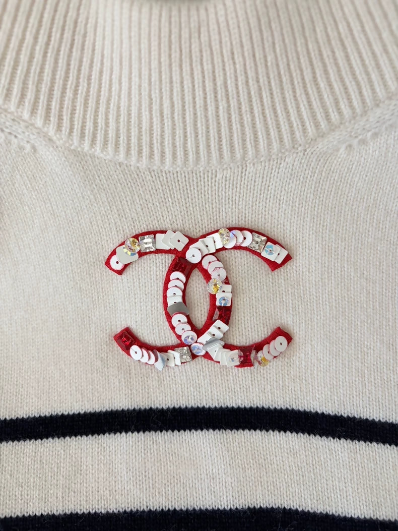 Chanel 23C Black and White Striped Double C Sequin Logo Sweater