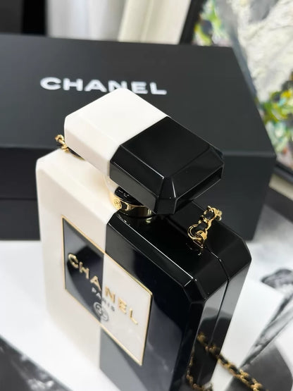 Chanel 20k black and white acrylic perfume bottle evening bag minaudieres