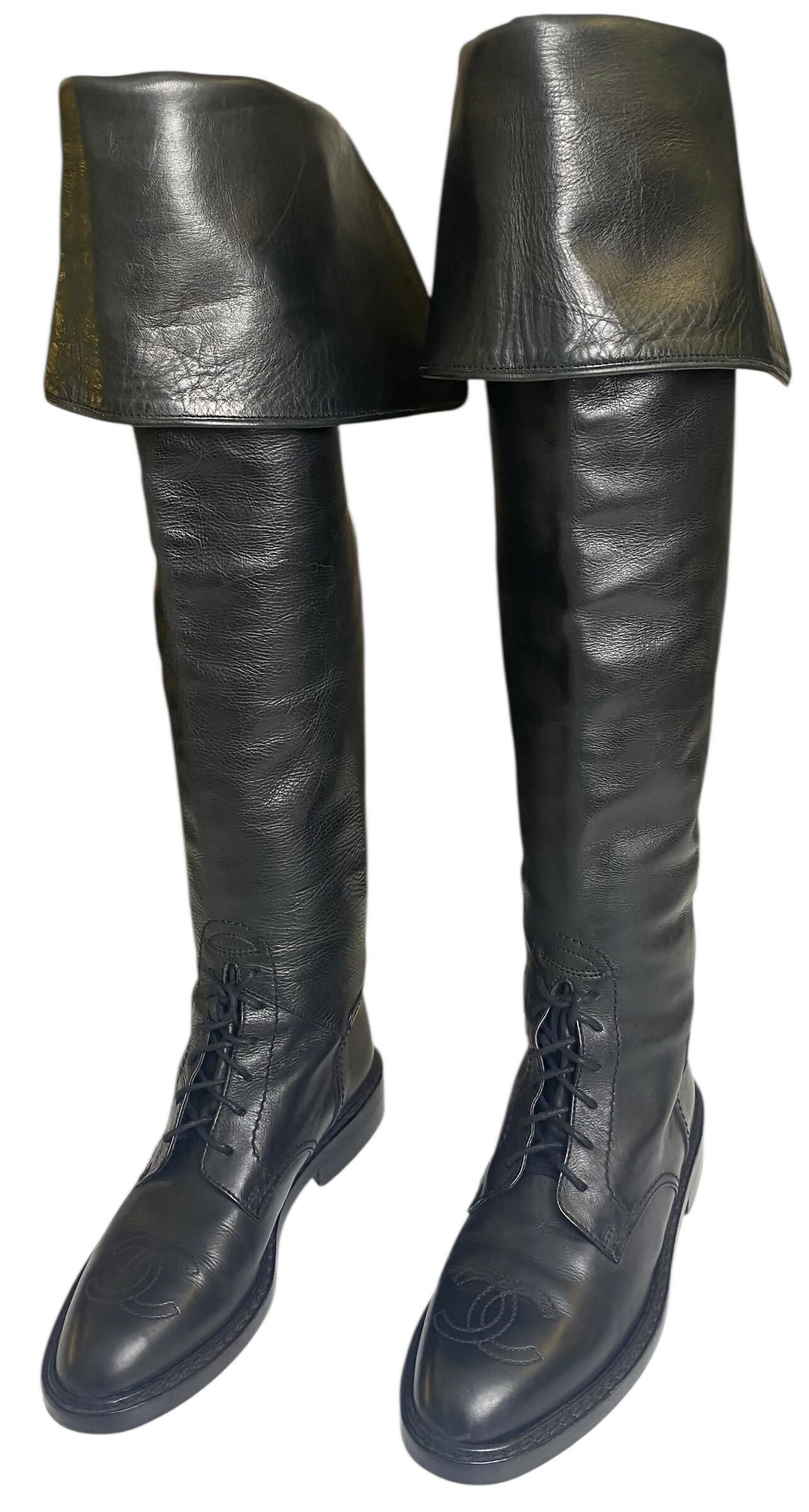 Rare Vintage Chanel 90s Claudia Schiffer Black Leather CC Riding Boots EU 36 (fits 37)
