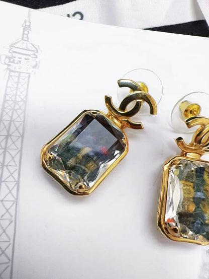 Chanel 22K square crystal blue-green CC earrings