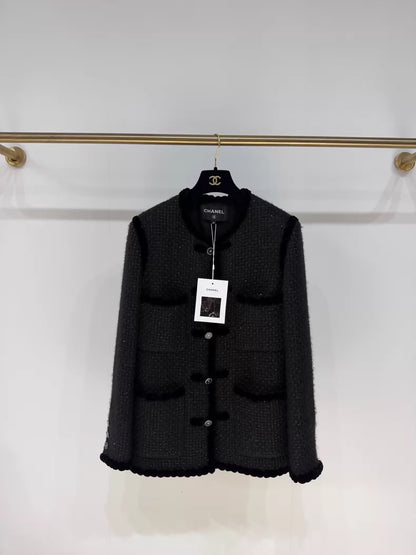 Chanel 25A Black Four-Pocket Tweed Oversized Jacket