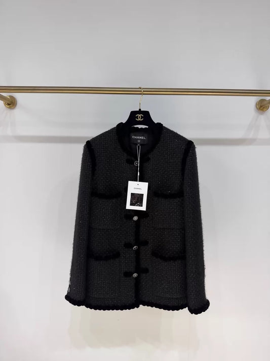 Chanel 25A Black Four-Pocket Tweed Oversized Jacket