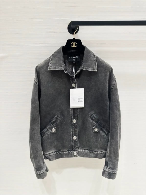 Chanel's popular black and grey denim jacket with logo detailing