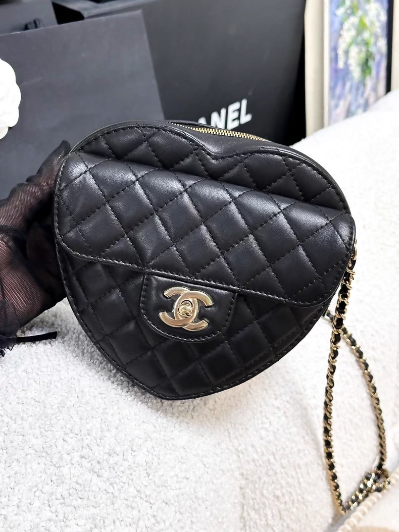 Chanel 25B Black and Gold Lambskin Quilted Large Heart Bag