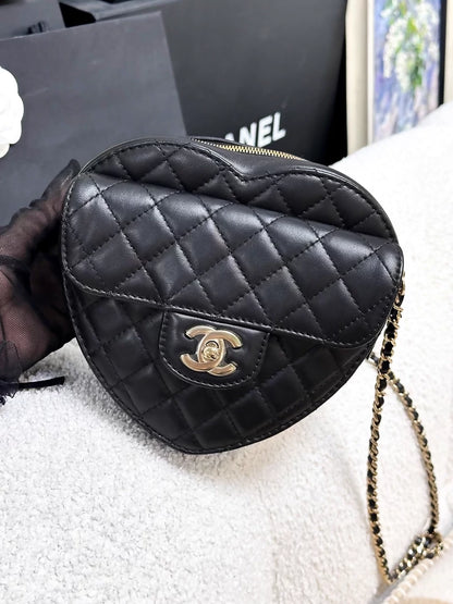 Chanel 25B Black and Gold Lambskin Quilted Large Heart Bag