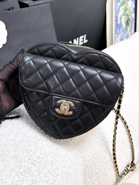 Chanel 25B Black and Gold Lambskin Quilted Large Heart Bag