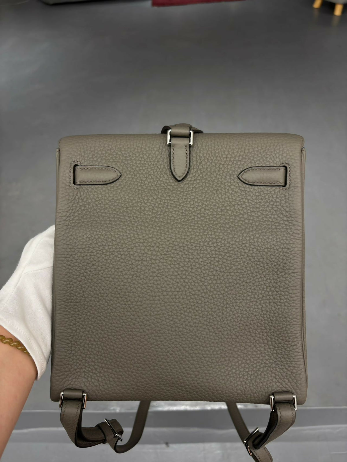 Hermès Kelly Ado Backpack Étain / Etain Clemence (TC) Leather with Palladium Hardware
